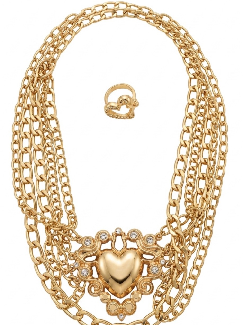 Pebby Forevee Gold-Tone Heart Pendant Multi-Chain Necklace with Matching Ring
